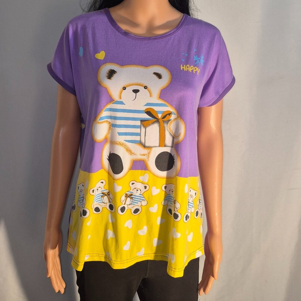 Teddy Bear sleep shirt, Purple-gold-w/teddies and hearts, size XL